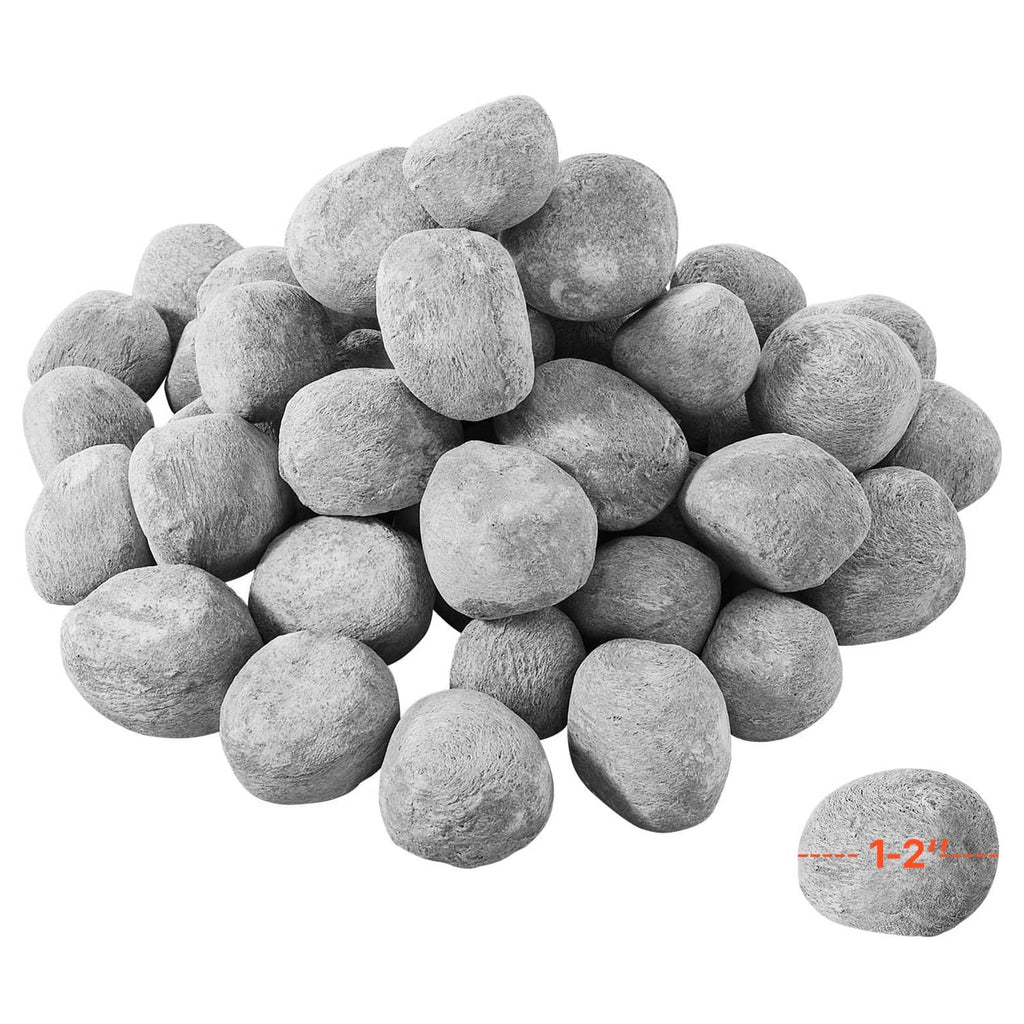 Grey ceramic fire pebble stones, close-up pile with 1-2 inch size reference beside.