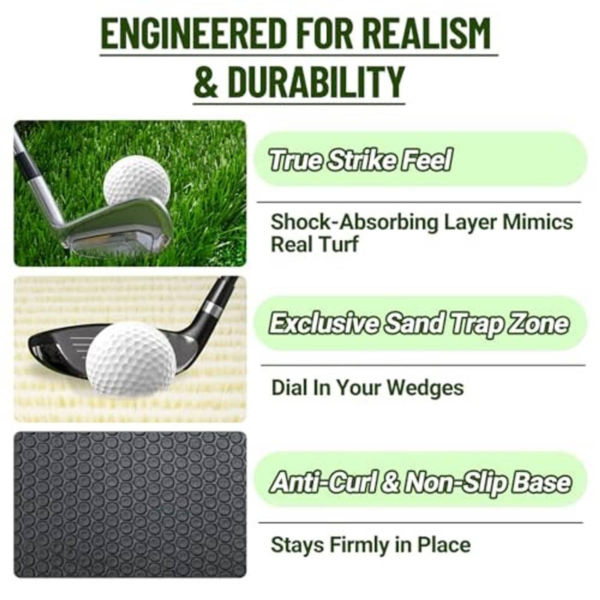 Golf hitting mat close-up with green turf zones and a non-slip base layer