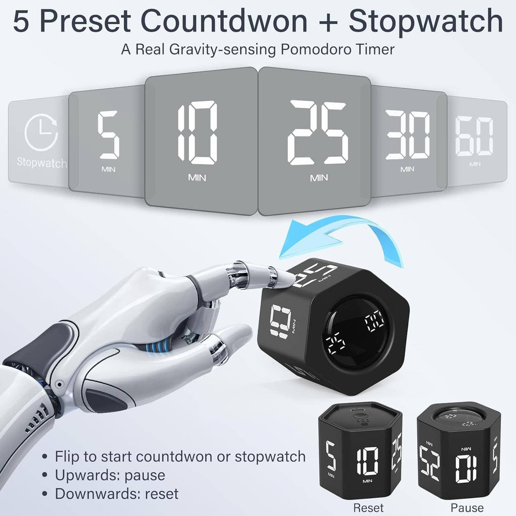 Black rotating timer showing preset countdown and stopwatch numbers on front screen