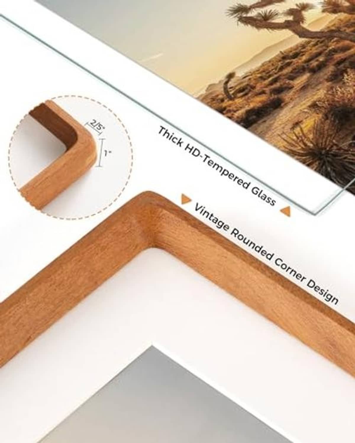Teak wood photo frame corner with rounded edge and thick tempered glass front window