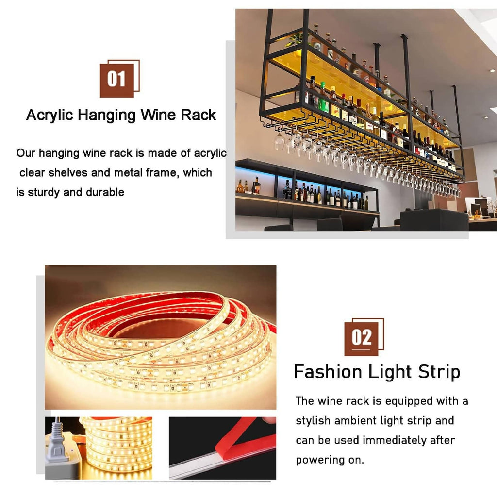 Ceiling wine glass rack with acrylic shelves and fashion light strip for bar use