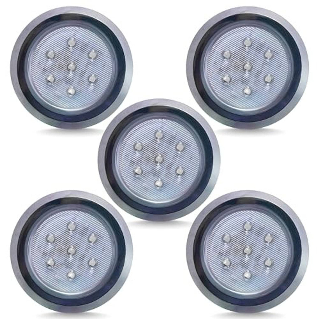 Five round 12V LED surface-mount dome lights with chrome trim ring and blue lens