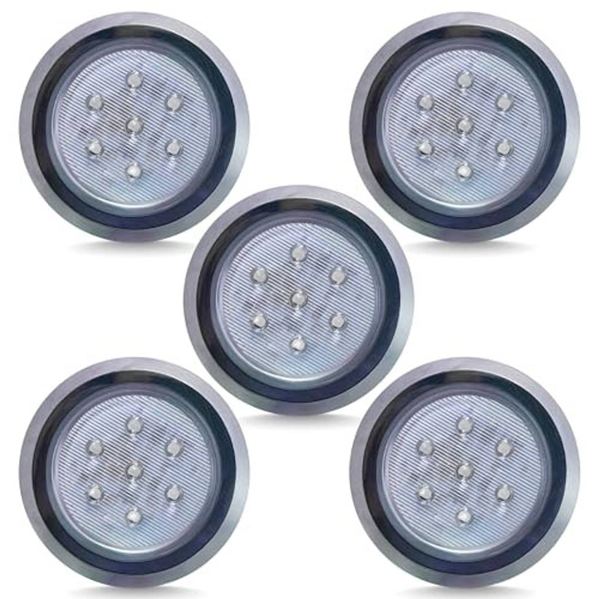 Five round 12V LED surface-mount dome lights with chrome trim ring and blue lens