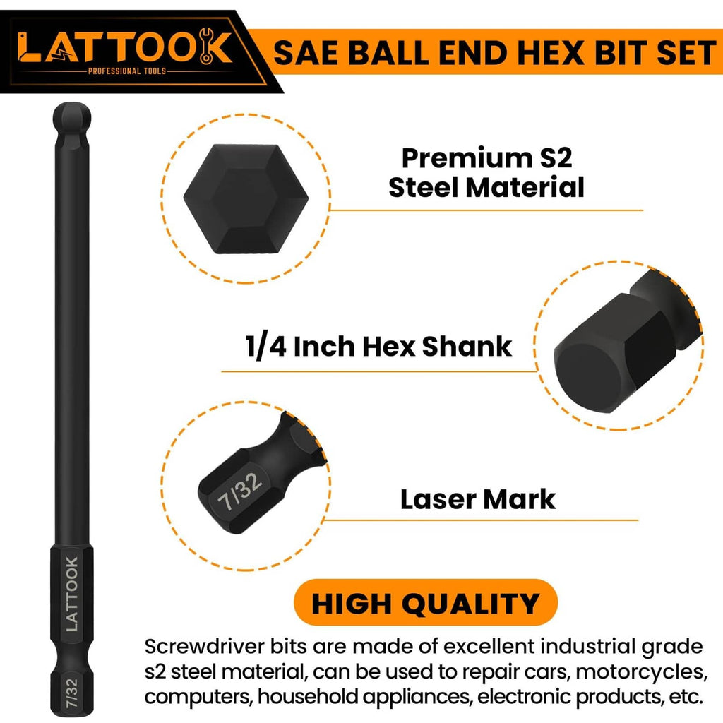 Single LATTOOK ball-end hex bit showing rounded ball tip and 1/4in hex shank