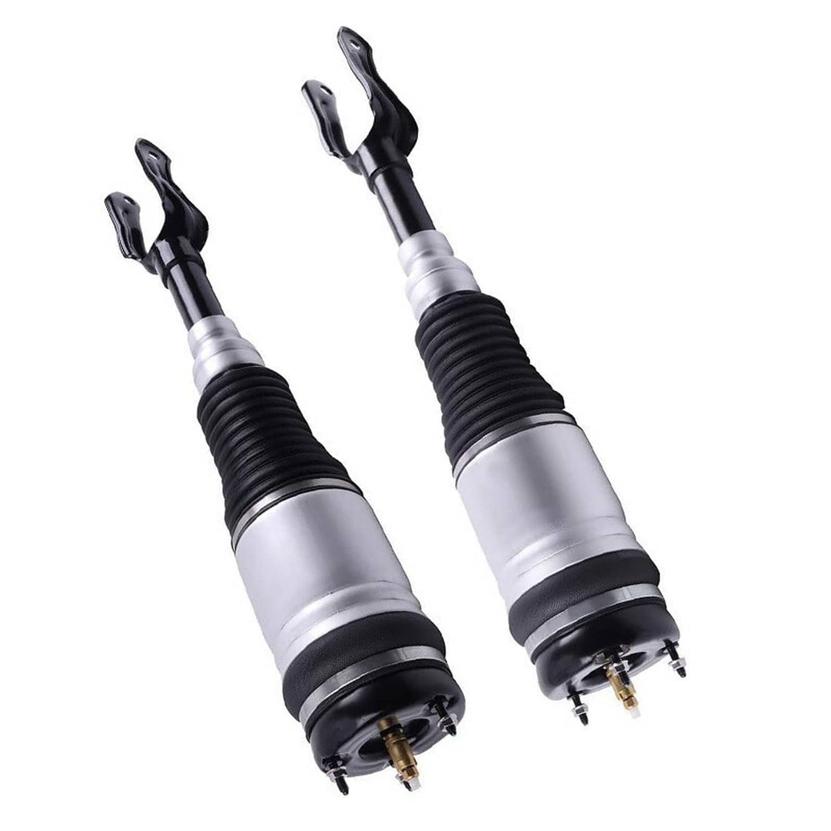 Front air suspension strut pair, black fork mounts with silver shock and bellows