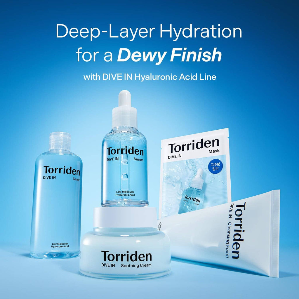 Skincare lineup with DIVE IN serum bottles plus mask and cream packaging