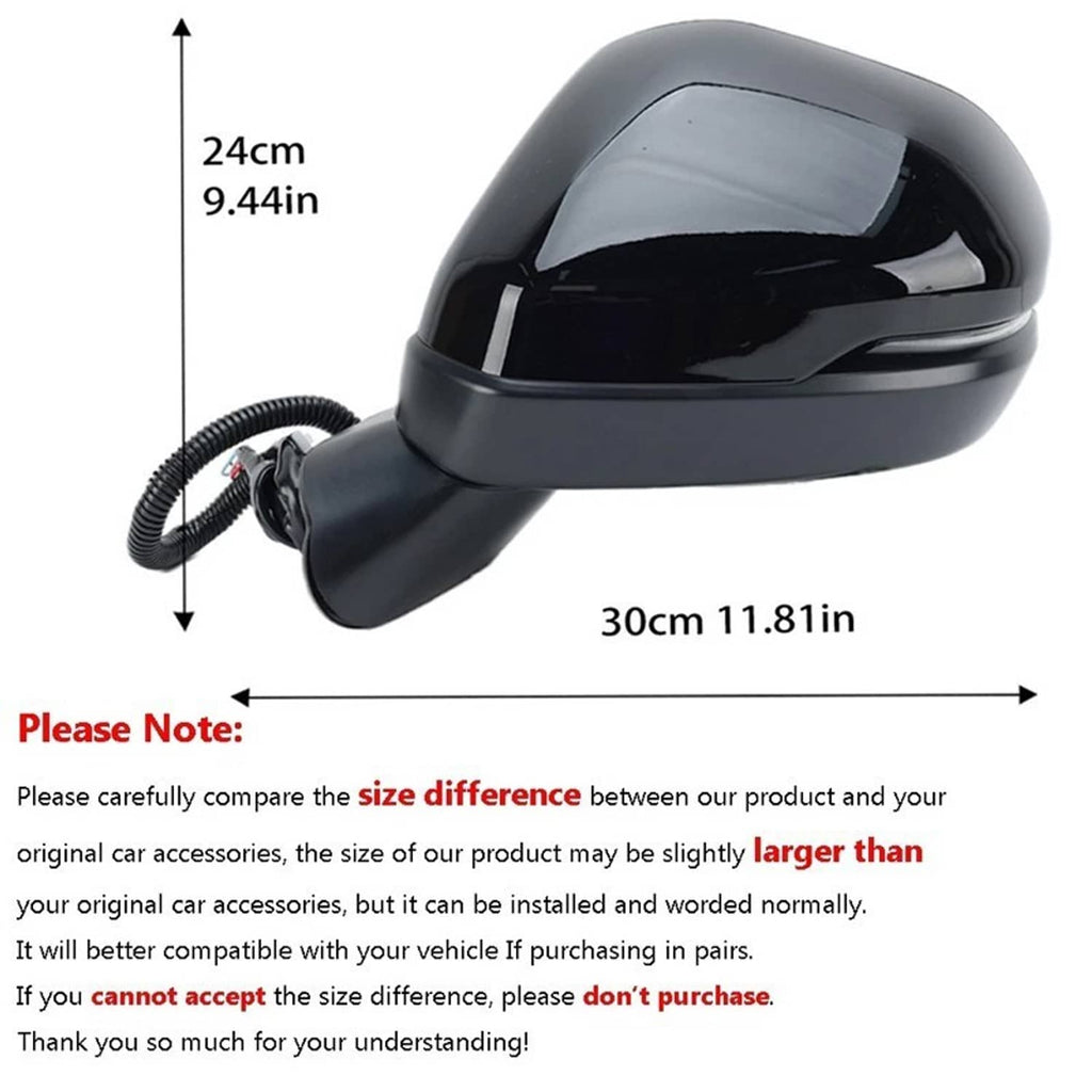 Side mirror with glossy black housing and attached cable harness
