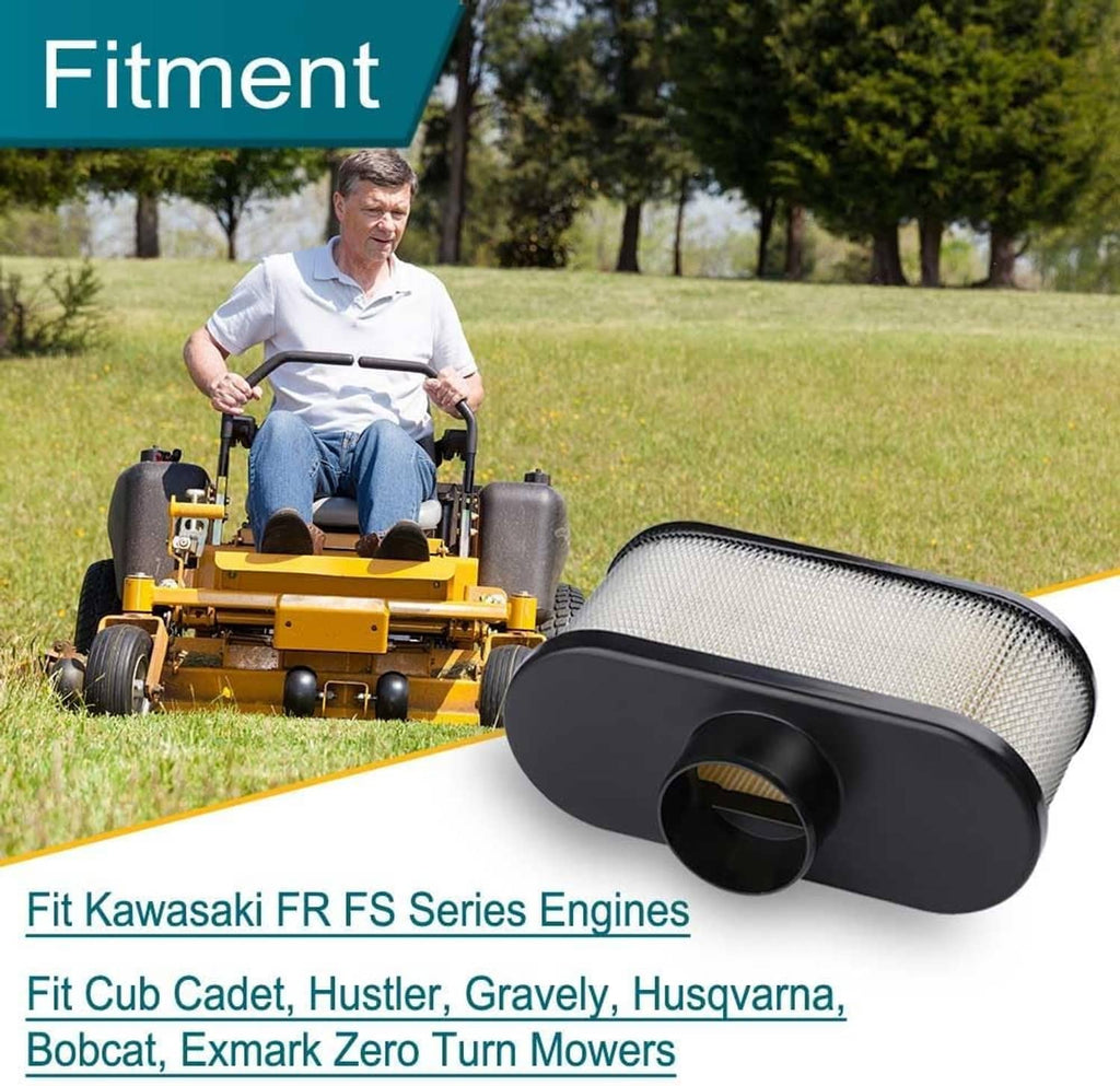 Mower air filter cartridge with black end cap, foam prefilter, and pleated paper insert