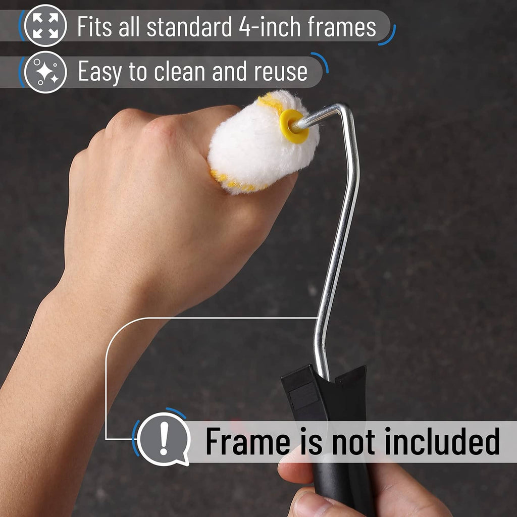 4-inch roller cover with fluffy white nap and yellow core on a paint roller frame