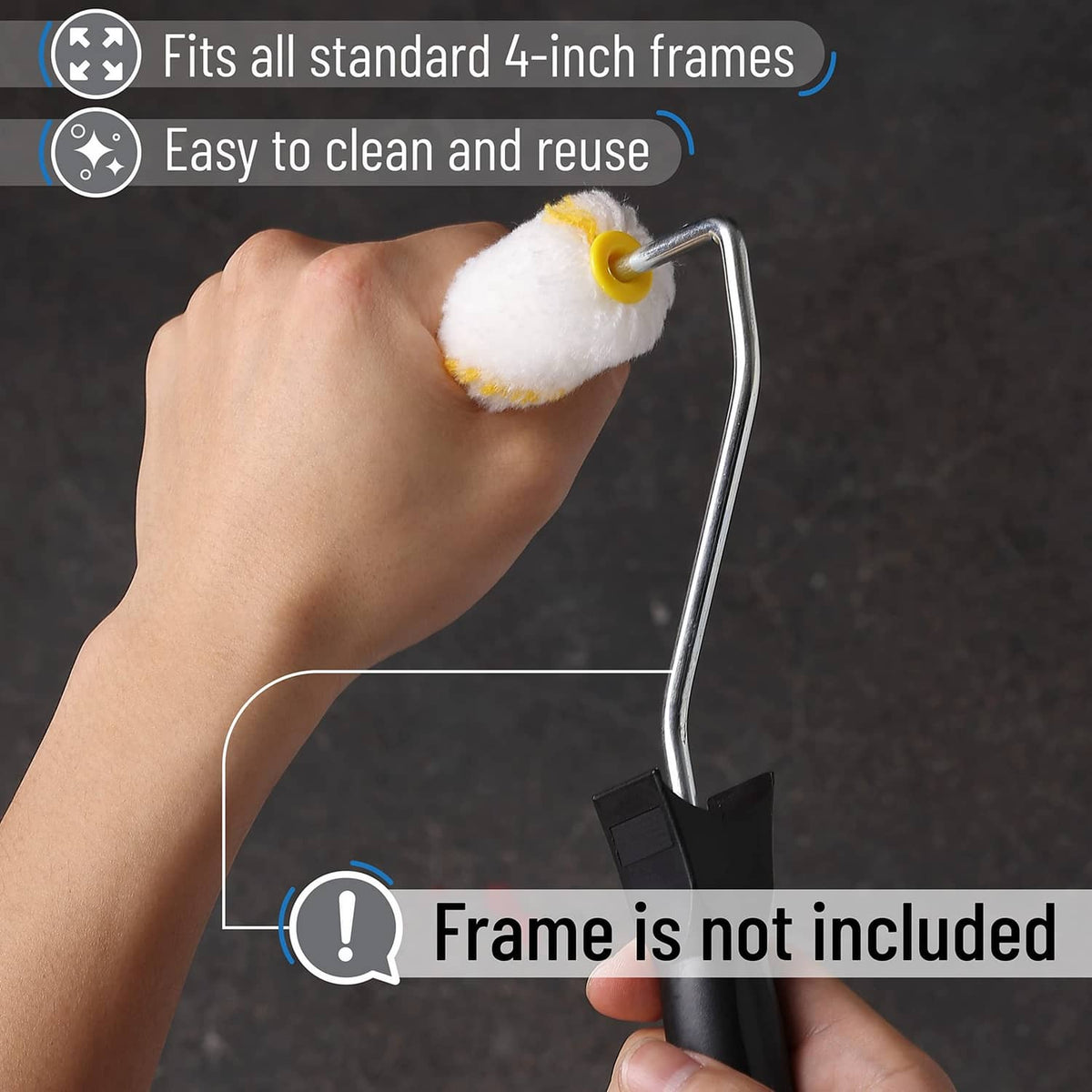 4-inch roller cover with fluffy white nap and yellow core on a paint roller frame