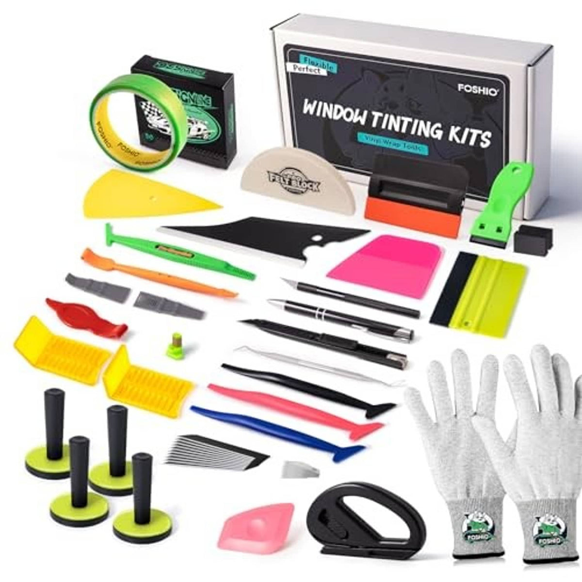 Vinyl wrap tool kit laid out with gloves, squeegees, scrapers, and multiple blades