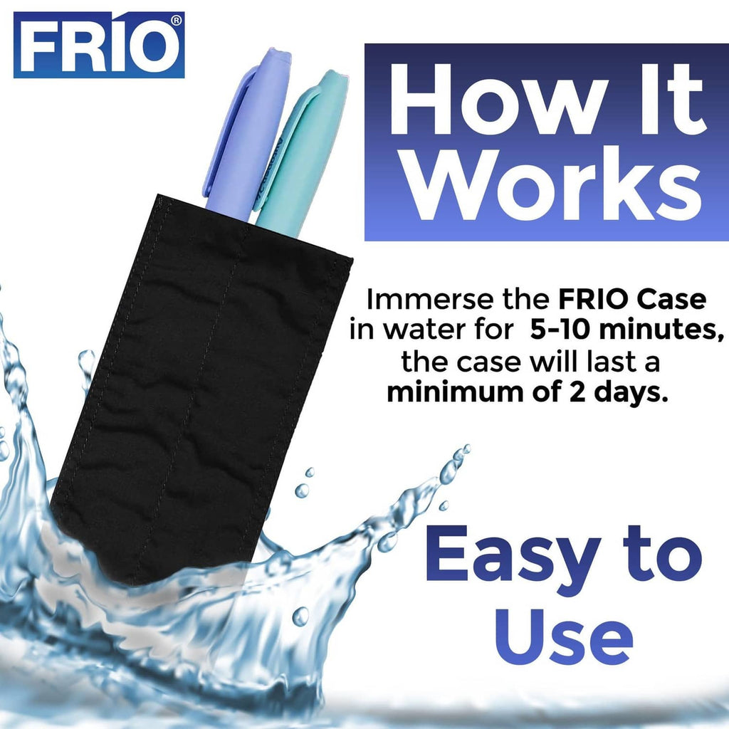 Black FRIO cooling wallet immersed in water, with blue cooling inserts