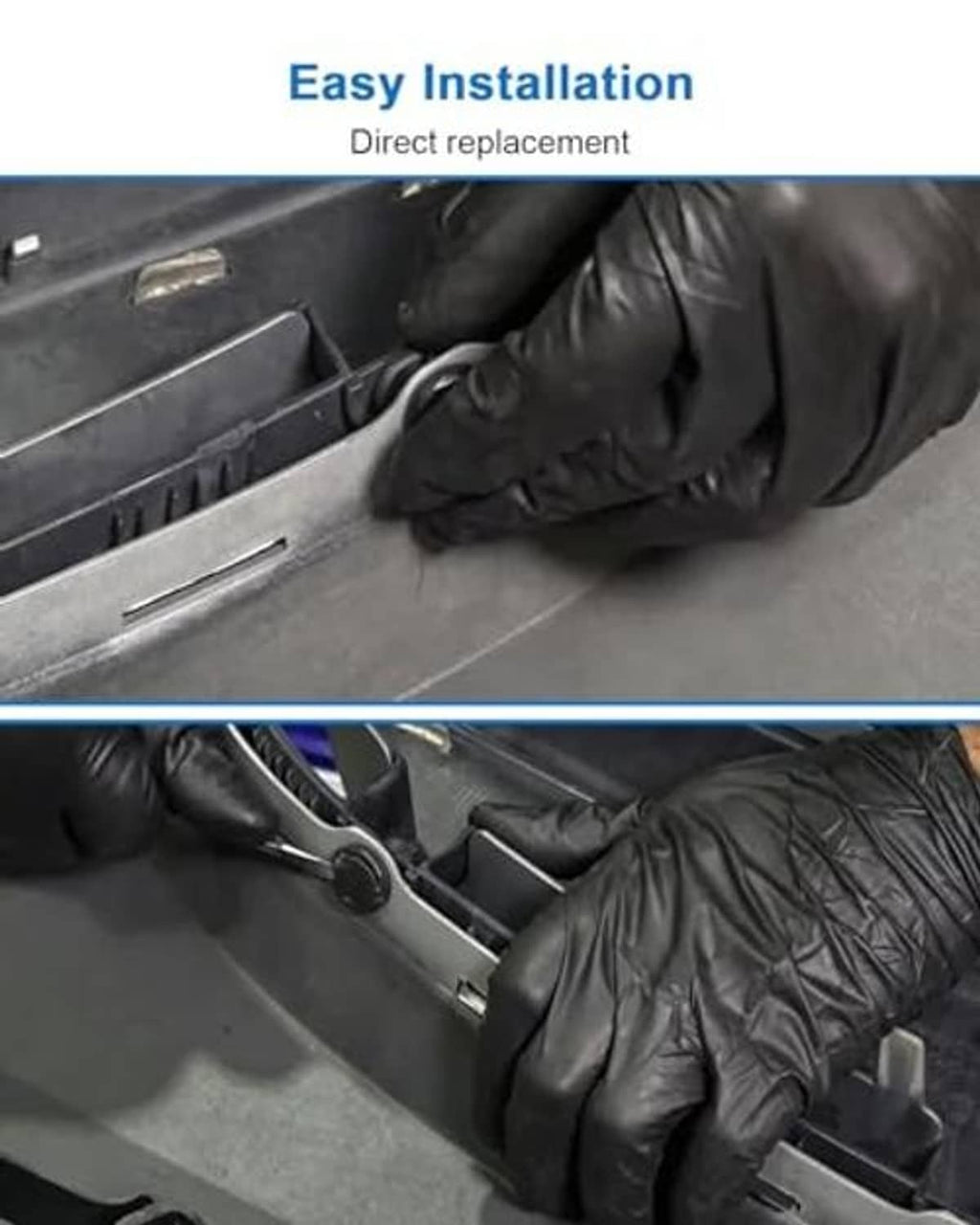 Black plastic bracket retainer being installed under front bumper with mounting clips