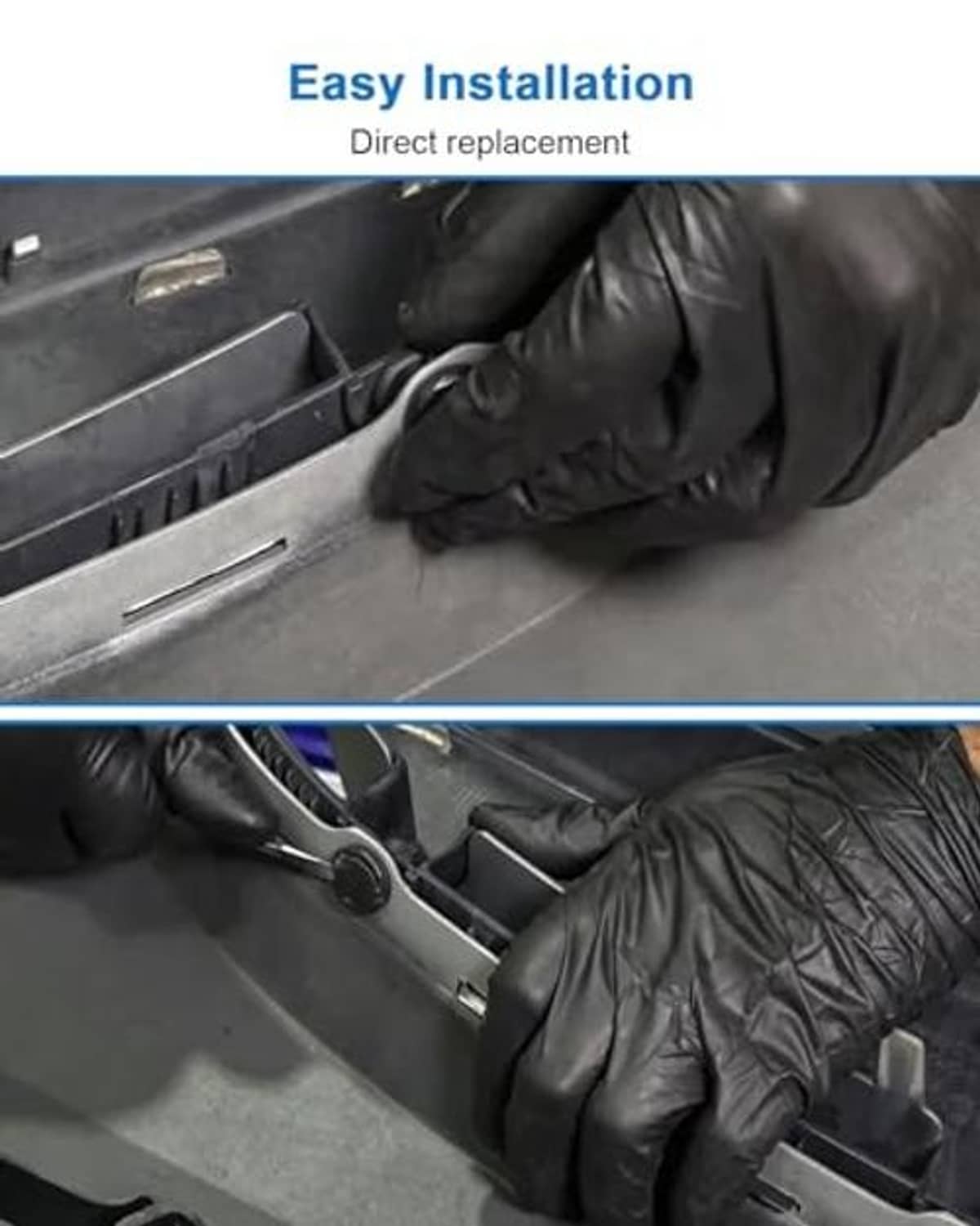 Black plastic bracket retainer being installed under front bumper with mounting clips
