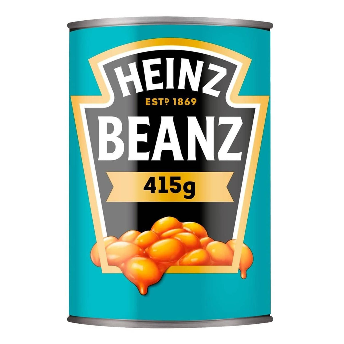 Heinz baked beans can, turquoise label with 415 g and tomato bean image