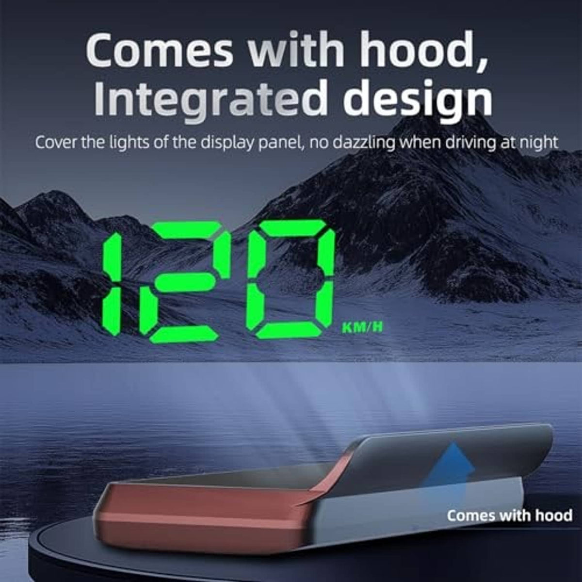 Car HUD head-up display with hooded cover and green speed digits on dark panel