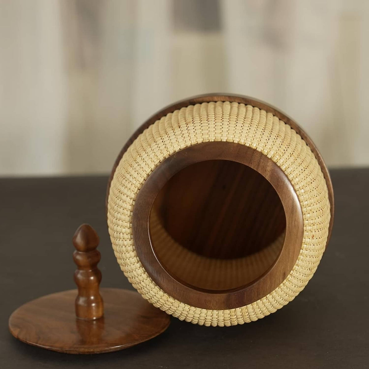 Woven rattan storage basket with removable wooden top, circular opening, yellow beige