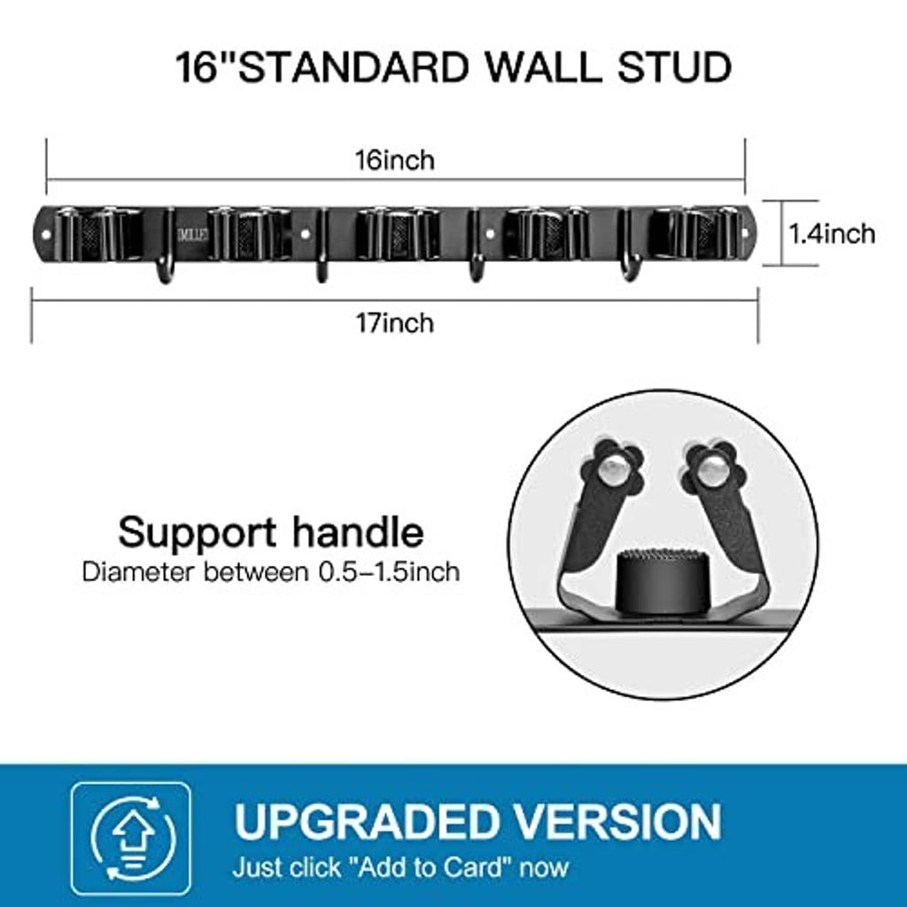 Wall-mount broom organizer measuring 16-inch bar with support handle and hook spacing