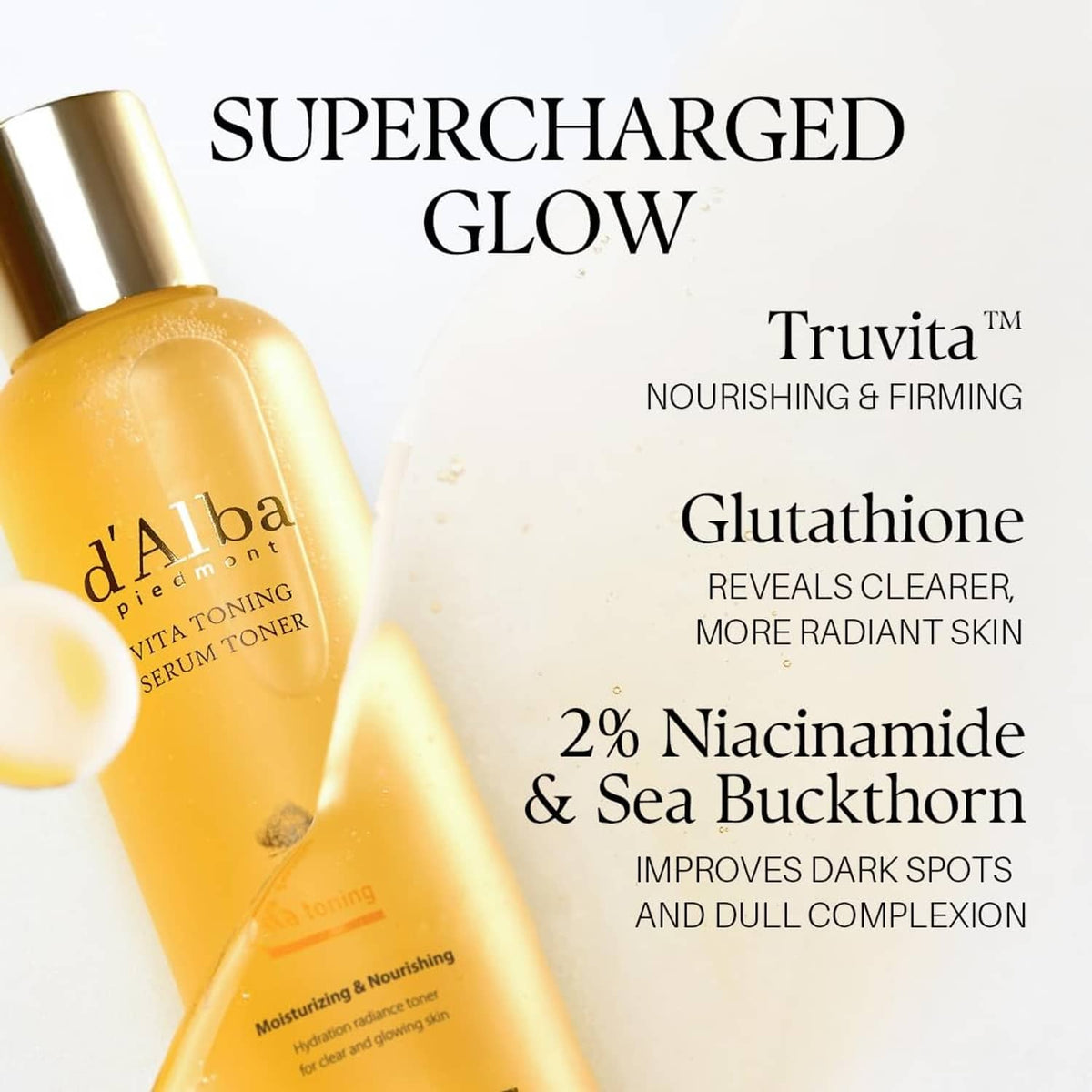 Close-up of d'Alba Vita Toning serum toner bottle, yellow liquid, gold cap