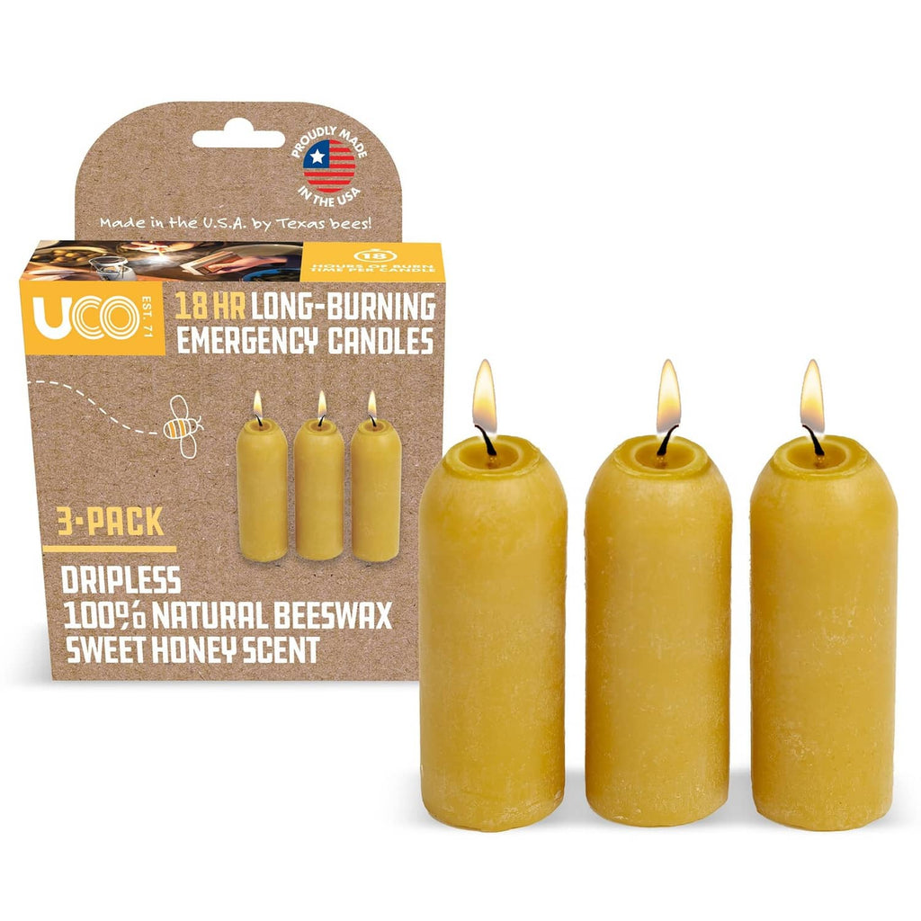 3-pack natural beeswax emergency candles, yellow cylinders, lit wicks