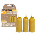 3-pack natural beeswax emergency candles, yellow cylinders, lit wicks