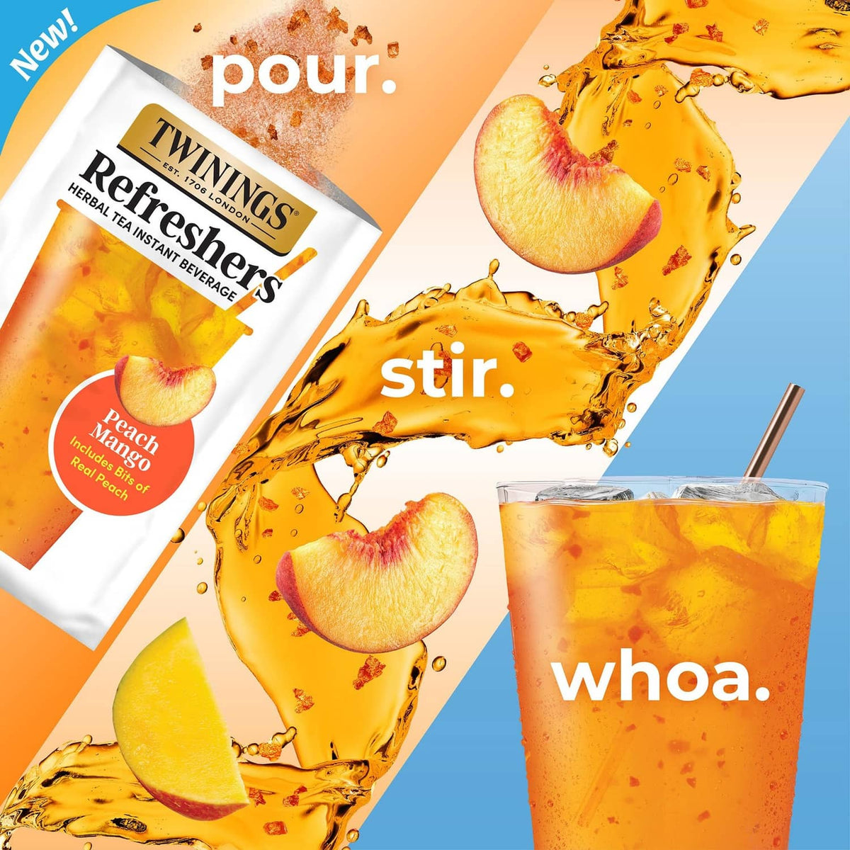 Peach Mango instant herbal tea mix box with pour, stir, whoa graphics