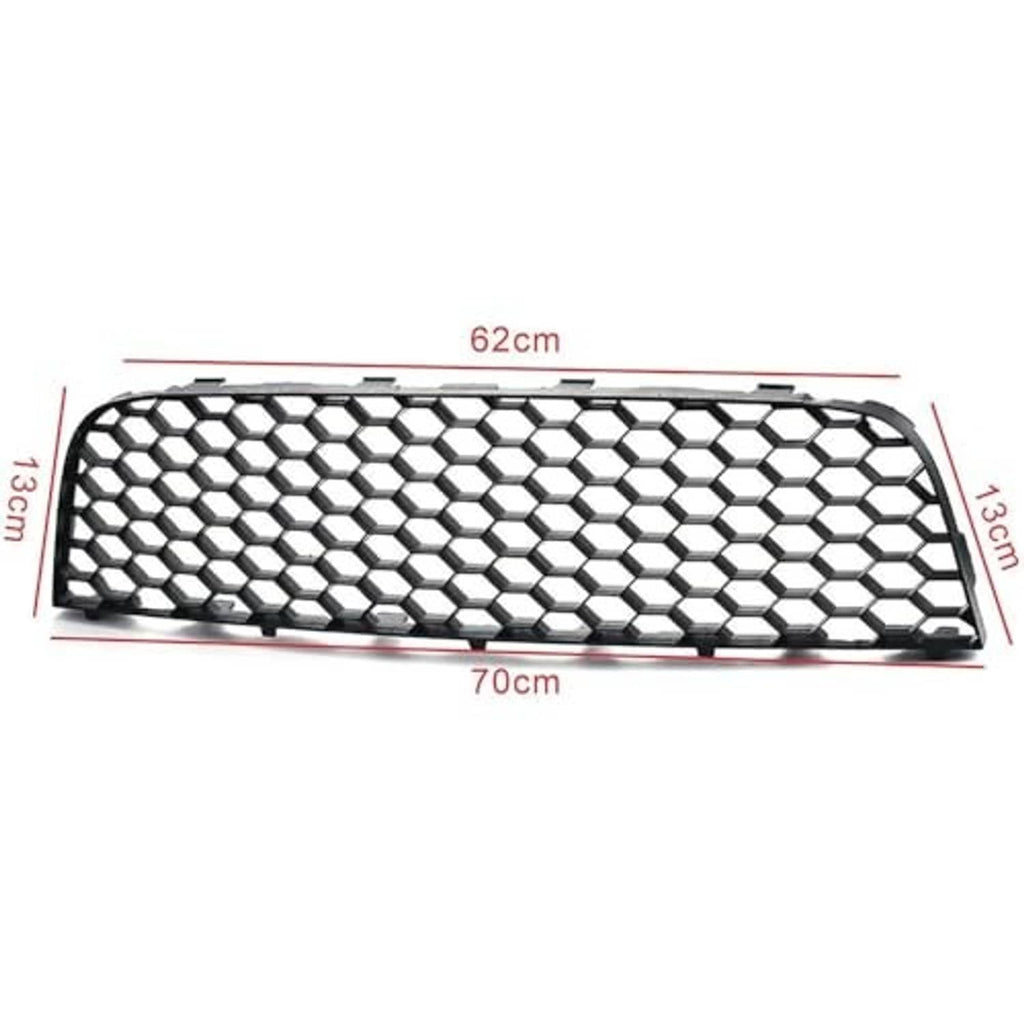 Black honeycomb mesh front lower grille with measured size labels, snap-in frame