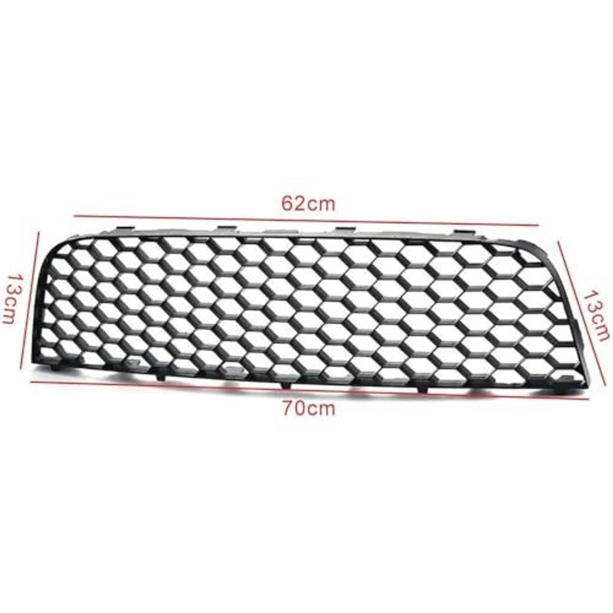 Black honeycomb mesh front lower grille with measured size labels, snap-in frame
