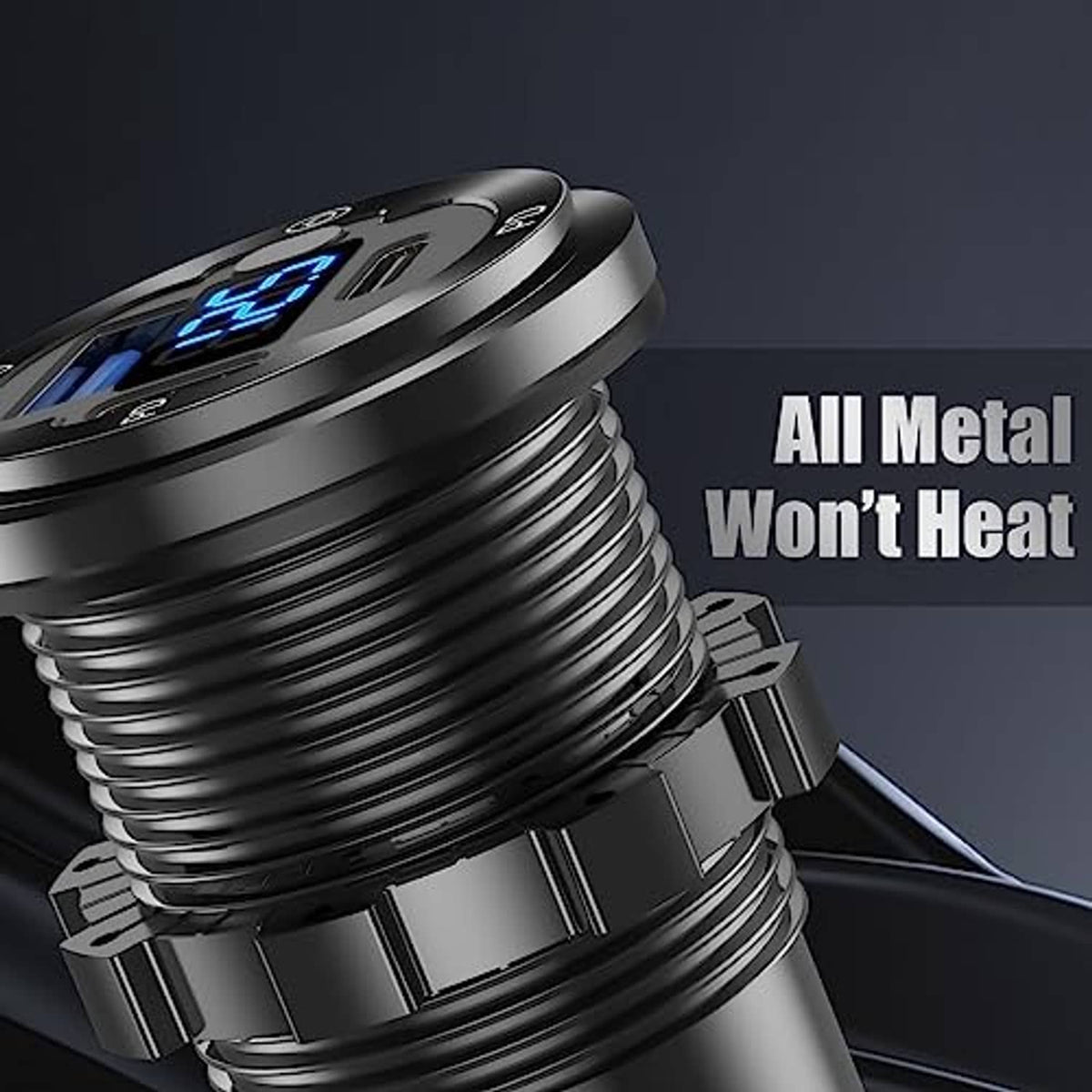 Black metal round 12V car USB socket with PD USB-C port and threaded base