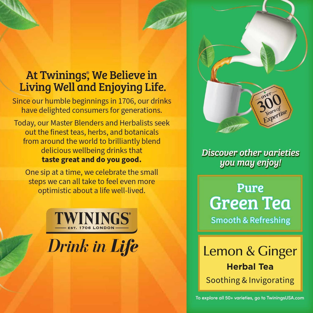 Twinings Green Tea Jasmine tea pack with cup pouring graphic and leaf decor