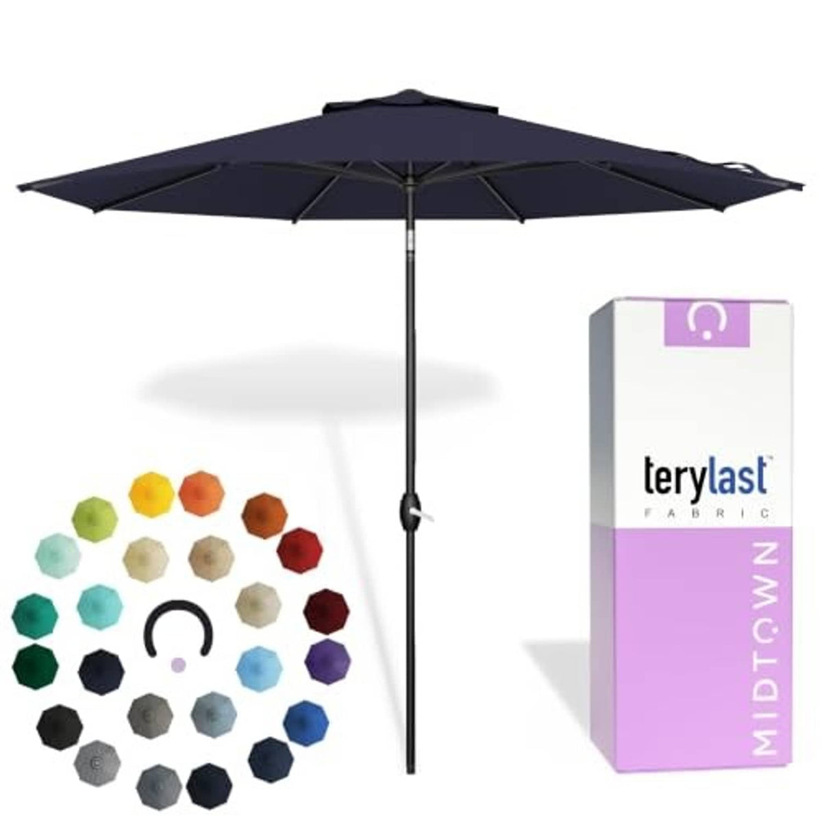 Navy patio umbrella with open dark canopy and central crank pole