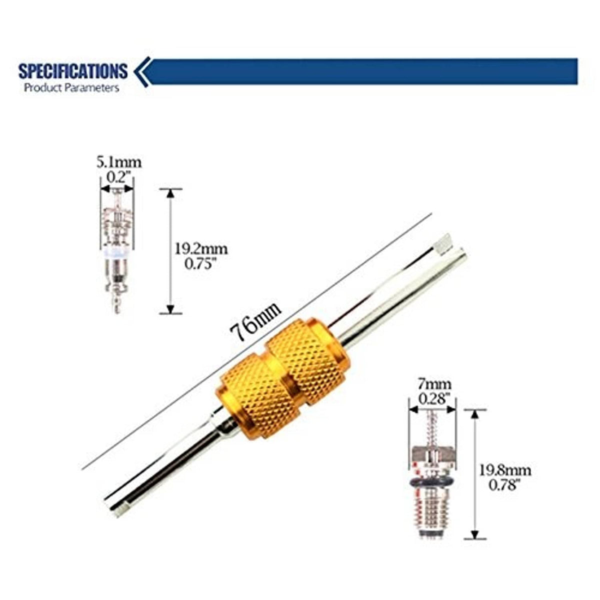 Valve core removal tool and valve core size diagram with key dimensions shown