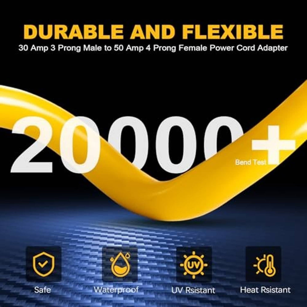 Durable flexible yellow EV charger adapter cord with molded plug ends