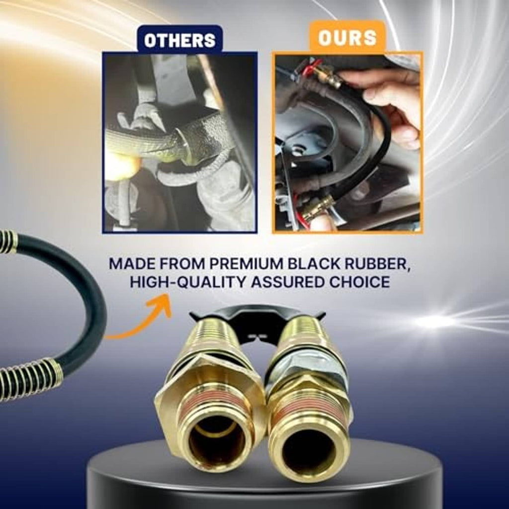Brass and steel air brake hose fittings with black rubber line and dual connectors