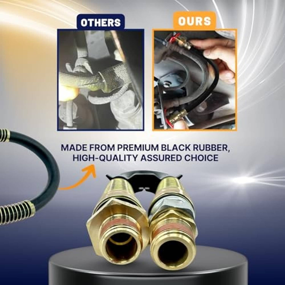 Brass and steel air brake hose fittings with black rubber line and dual connectors
