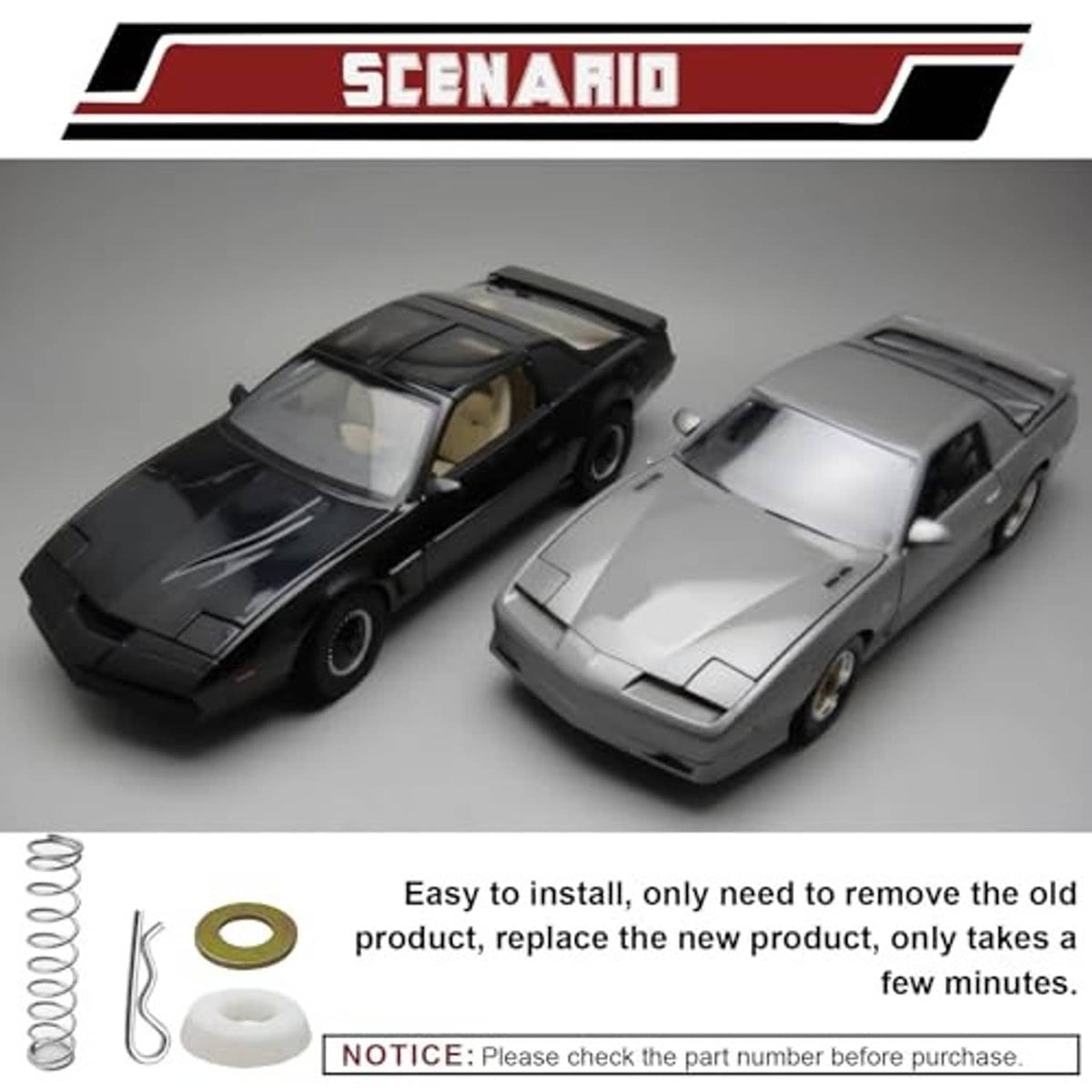 Transmission shifter repair kit pieces: coil spring, metal linkage rod, white bushing, copper ring