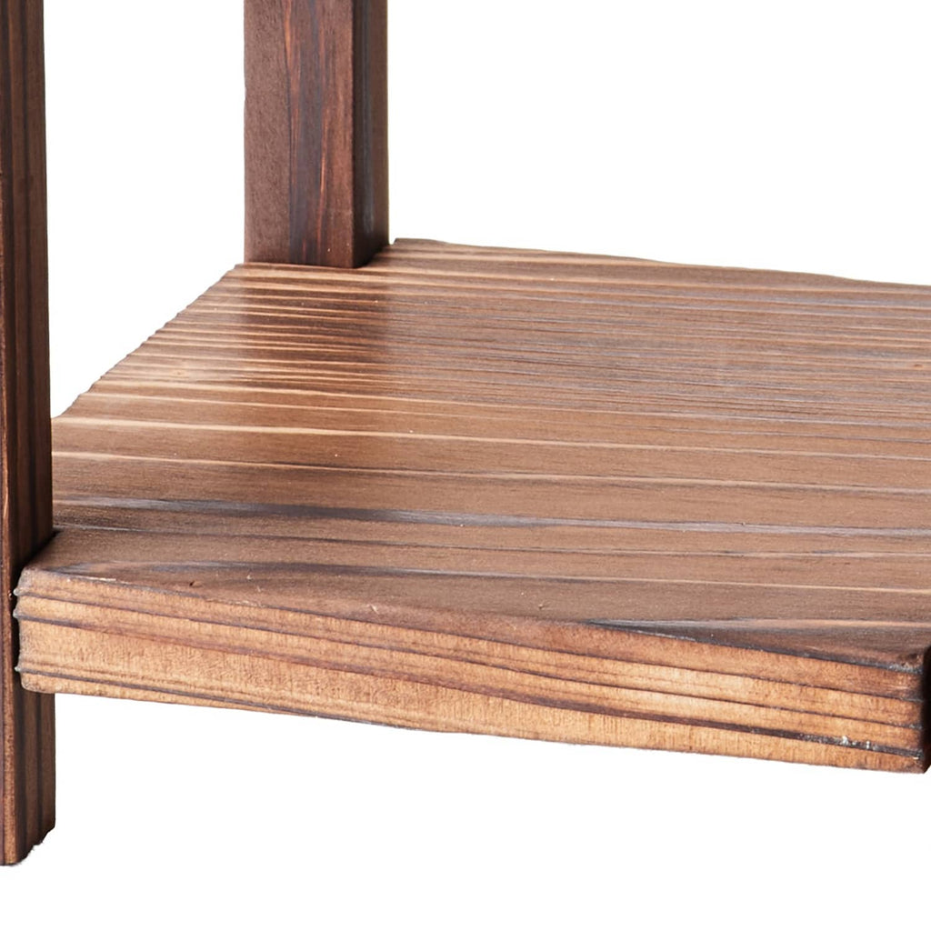 Brown wooden lantern corner and base board with striped grain, open interior