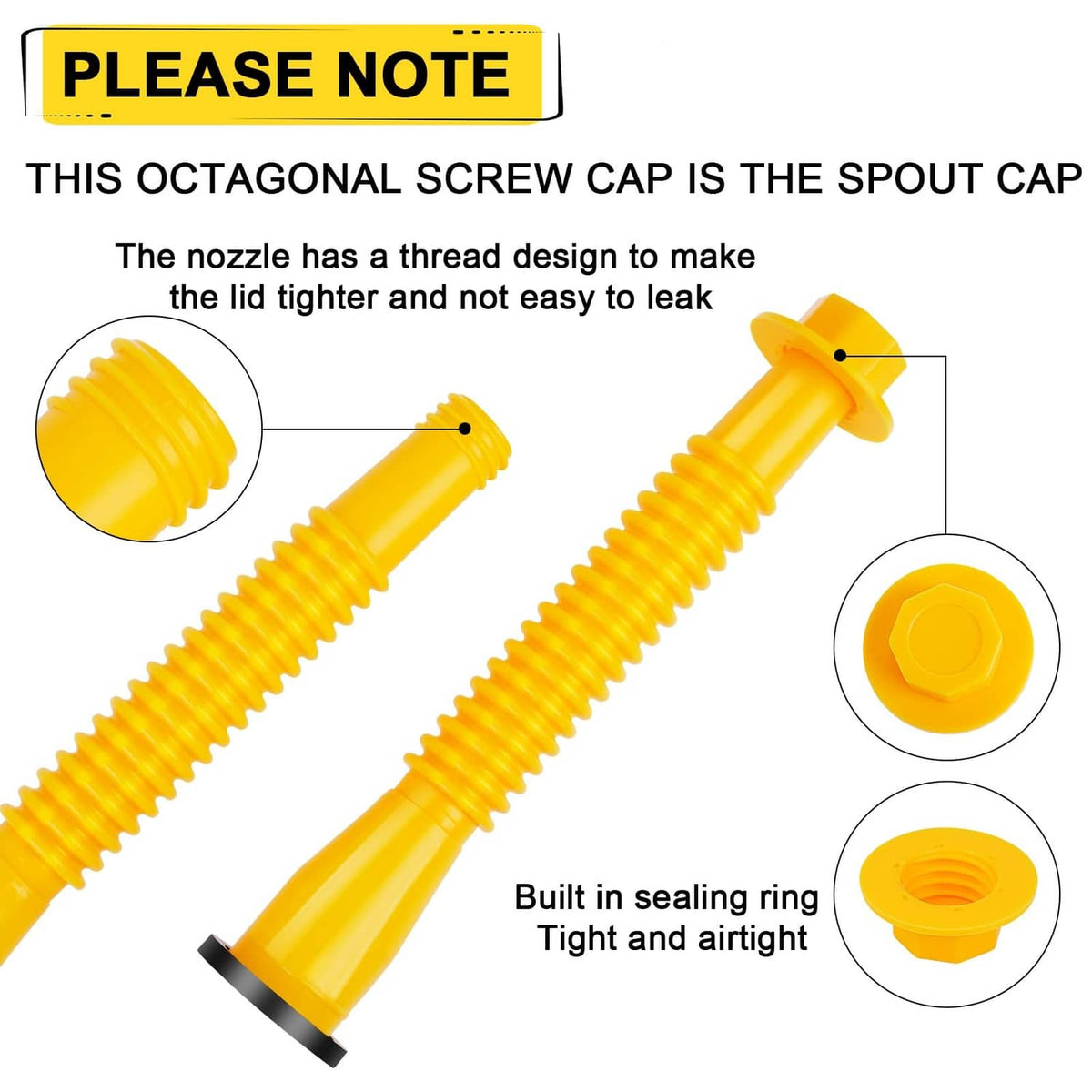 Yellow threaded gas can spout cap with tight-seal design and sealing ring