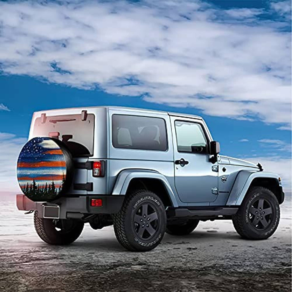 Round spare tire cover on a white SUV, blue and orange sunset stripe artwork