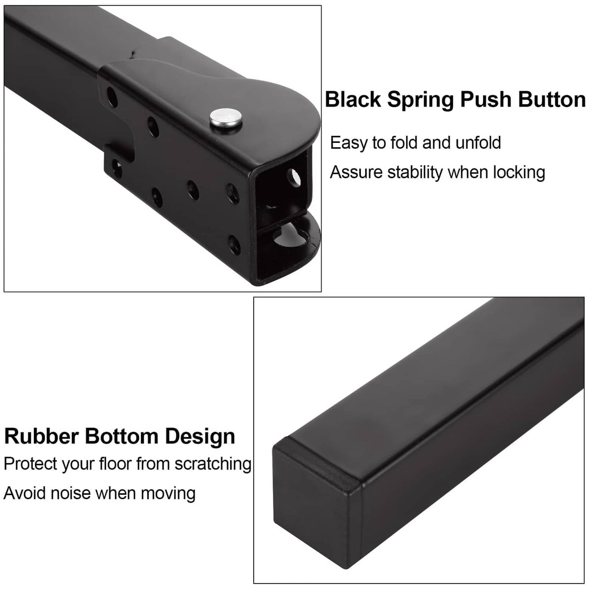 Black folding table leg with push-button latch and rubber bottom feet