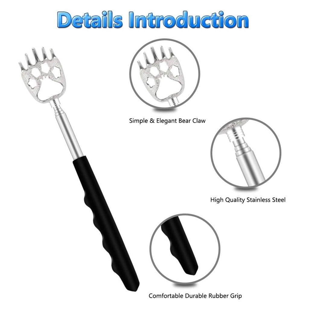 Telescoping bear claw back scratcher with stainless claw head and black rubber grip
