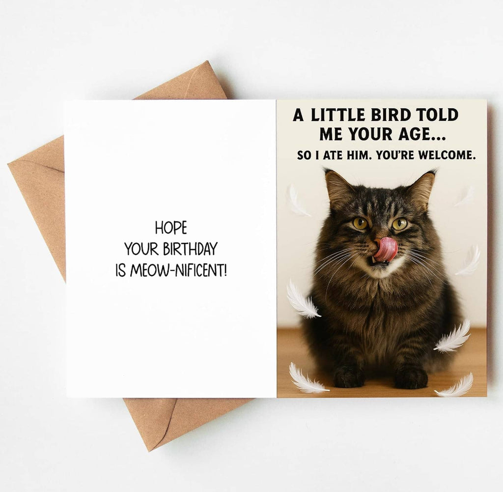 Funny birthday card, folded open, tabby cat front and inside message text