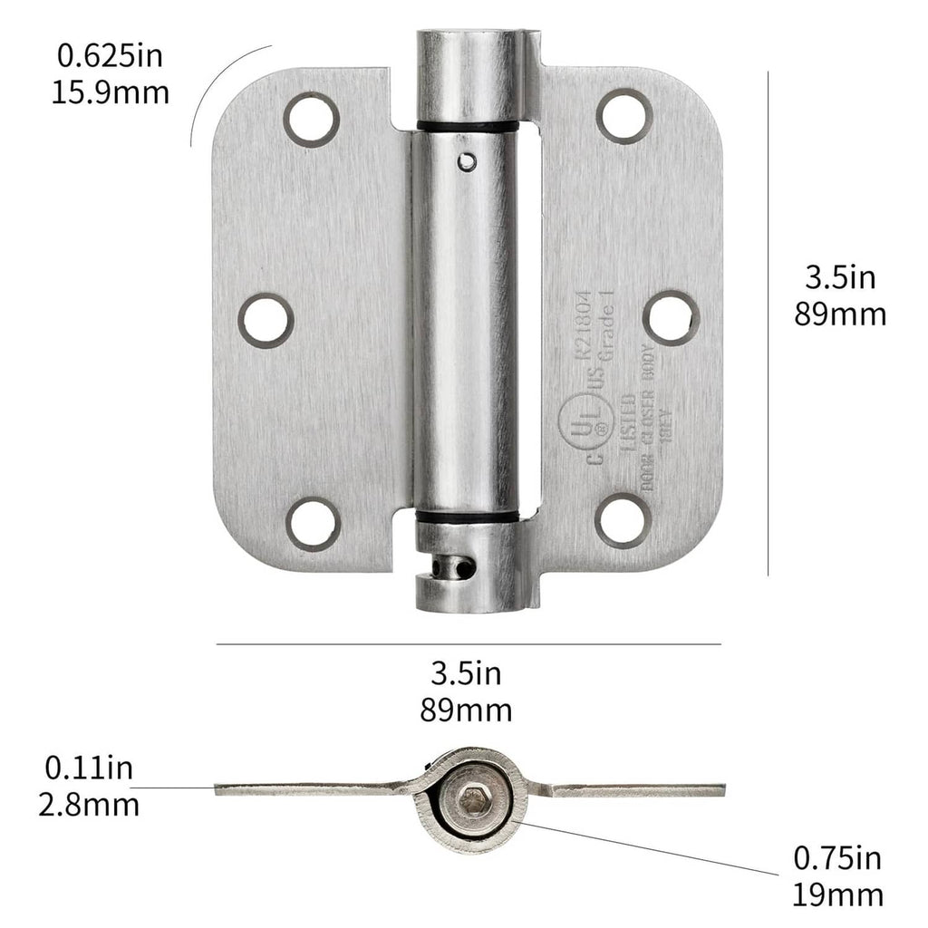 Rounded self-closing door hinge with satin nickel finish, shown with size measurements