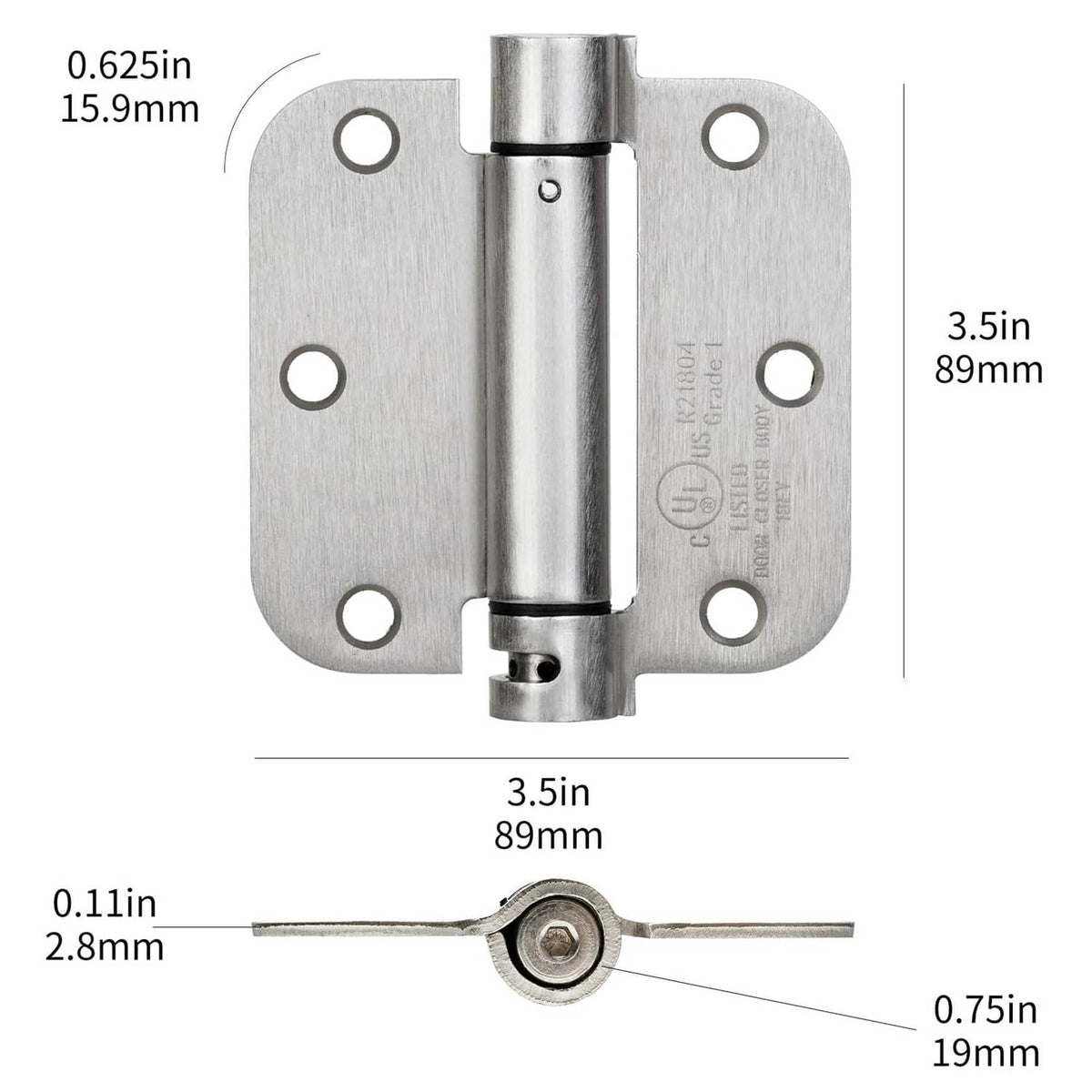 Rounded self-closing door hinge with satin nickel finish, shown with size measurements