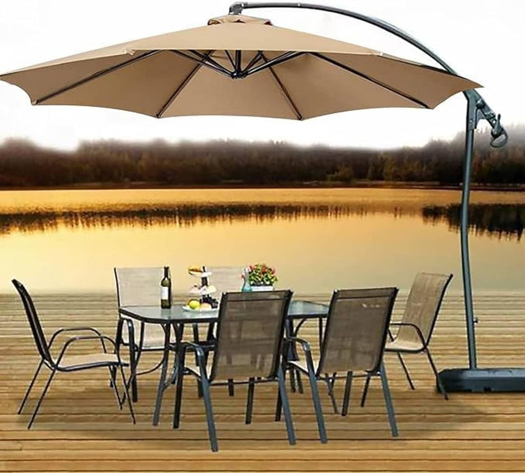 Khaki offset patio umbrella with closed canopy and central finial