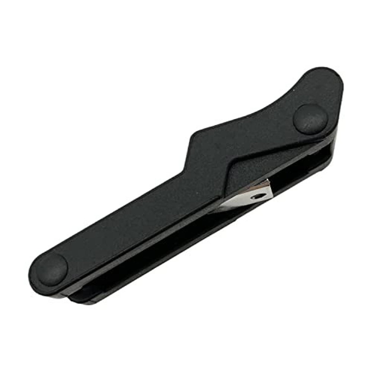 Black rubber latch with metal insert and mounting clip, close-up side view