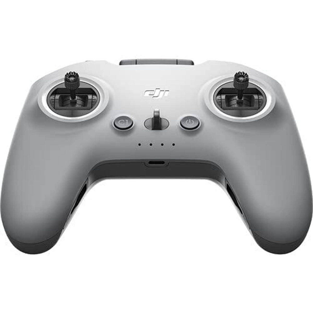 Grey FPV remote controller front view with two joysticks and central control buttons