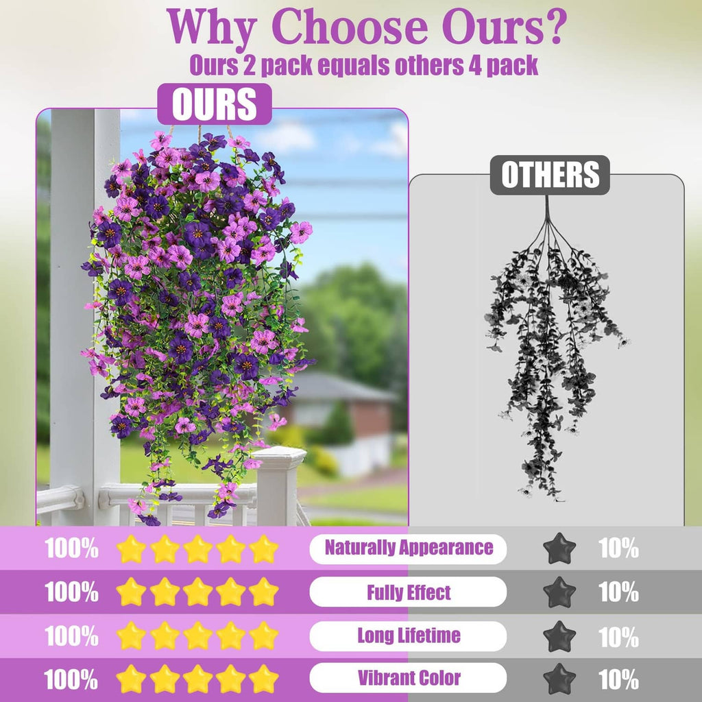 Purple and magenta artificial hanging flower comparison chart with basket image