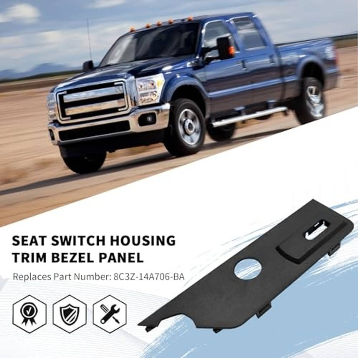 Dark gray seat switch trim bezel panel with rectangular recess and circular mounting hole