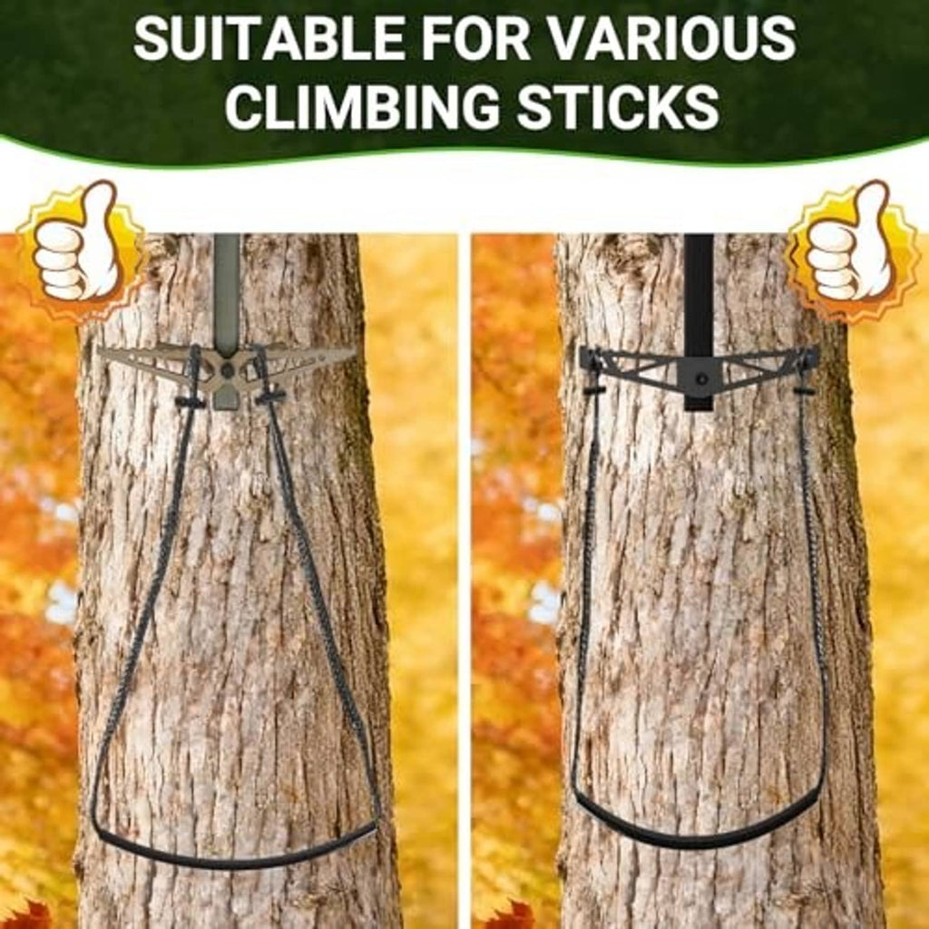 Climbing stick aider with black strap and curved cable loop mounted on a tree